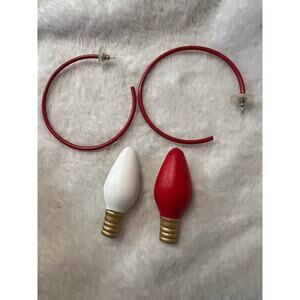 Christmas Pin Brooch Wood Red White Light Set And Red Metal Hoop Earrings Lot